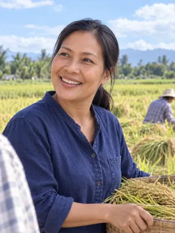 เกษตรกรหญิงยิ้มกลางทุ่งนา