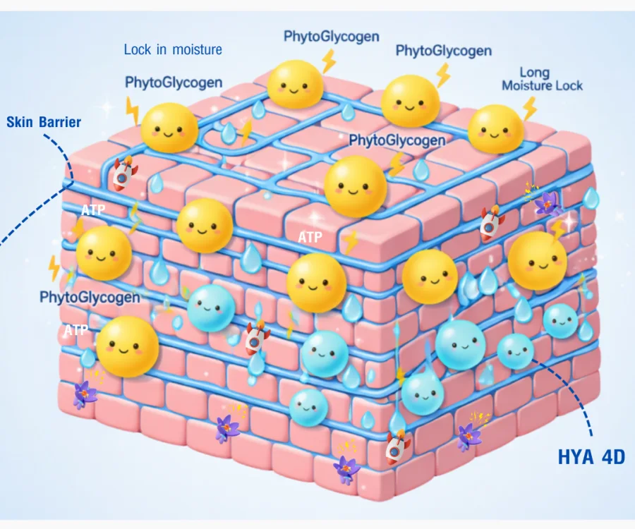ขั้นที่ 2 Phyto-glycogen และ Hyaluronic 4D เติมความชุ่มชื้น เปรียบเหมือนแทงค์น้ำสำรองของผิว